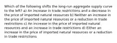 Which of the following shifts the long-run aggregate supply curve to the left? a) An increase in trade restrictions and a decrease in the price of imported natural resources b) Neither an increase in the price of imported natural resources or a reduction in trade restrictions c) An increase in the price of imported natural resources and an increase in trade restrictions d) Either an increase in the price of imported natural resources or a reduction in trade restrictions