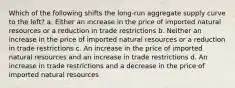 Which of the following shifts the long-run aggregate supply curve to the left? a. Either an increase in the price of imported natural resources or a reduction in trade restrictions b. Neither an increase in the price of imported natural resources or a reduction in trade restrictions c. An increase in the price of imported natural resources and an increase in trade restrictions d. An increase in trade restrictions and a decrease in the price of imported natural resources