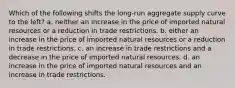 Which of the following shifts the long-run aggregate supply curve to the left? a. neither an increase in the price of imported natural resources or a reduction in trade restrictions. b. either an increase in the price of imported natural resources or a reduction in trade restrictions. c. an increase in trade restrictions and a decrease in the price of imported natural resources. d. an increase in the price of imported natural resources and an increase in trade restrictions.