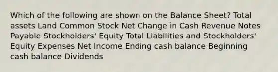 Which of the following are shown on the Balance Sheet? Total assets Land Common Stock Net Change in Cash Revenue Notes Payable Stockholders' Equity Total Liabilities and Stockholders' Equity Expenses Net Income Ending cash balance Beginning cash balance Dividends