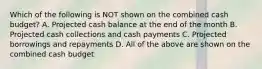 Which of the following is NOT shown on the combined cash budget? A. Projected cash balance at the end of the month B. Projected cash collections and cash payments C. Projected borrowings and repayments D. All of the above are shown on the combined cash budget