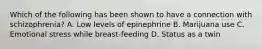 Which of the following has been shown to have a connection with schizophrenia? A. Low levels of epinephrine B. Marijuana use C. Emotional stress while breast-feeding D. Status as a twin