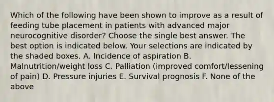 Which of the following have been shown to improve as a result of feeding tube placement in patients with advanced major neurocognitive disorder? Choose the single best answer. The best option is indicated below. Your selections are indicated by the shaded boxes. A. Incidence of aspiration B. Malnutrition/weight loss C. Palliation (improved comfort/lessening of pain) D. Pressure injuries E. Survival prognosis F. None of the above