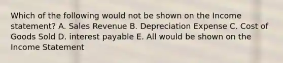 Which of the following would not be shown on the Income statement? A. Sales Revenue B. Depreciation Expense C. Cost of Goods Sold D. interest payable E. All would be shown on the Income Statement