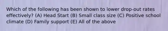 Which of the following has been shown to lower drop-out rates effectively? (A) Head Start (B) Small class size (C) Positive school climate (D) Family support (E) All of the above