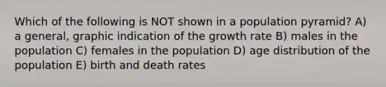 Which of the following is NOT shown in a population pyramid? A) a general, graphic indication of the growth rate B) males in the population C) females in the population D) age distribution of the population E) birth and death rates