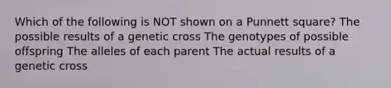 Which of the following is NOT shown on a Punnett square? The possible results of a genetic cross The genotypes of possible offspring The alleles of each parent The actual results of a genetic cross