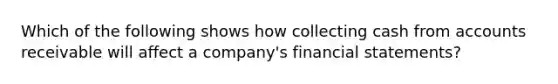 Which of the following shows how collecting cash from accounts receivable will affect a company's financial statements?