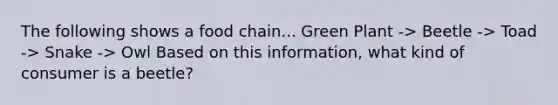 The following shows a food chain... Green Plant -> Beetle -> Toad -> Snake -> Owl Based on this information, what kind of consumer is a beetle?