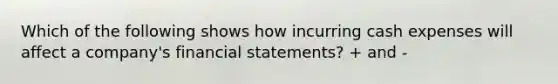 Which of the following shows how incurring cash expenses will affect a company's financial statements? + and -