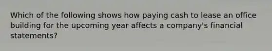 Which of the following shows how paying cash to lease an office building for the upcoming year affects a company's financial statements?