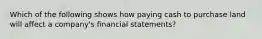 Which of the following shows how paying cash to purchase land will affect a company's financial statements?