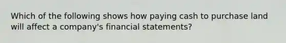 Which of the following shows how paying cash to purchase land will affect a company's financial statements?