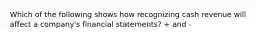 Which of the following shows how recognizing cash revenue will affect a company's financial statements? + and -