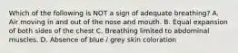 Which of the following is NOT a sign of adequate breathing? A. Air moving in and out of the nose and mouth. B. Equal expansion of both sides of the chest C. Breathing limited to abdominal muscles. D. Absence of blue / grey skin coloration