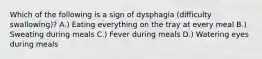 Which of the following is a sign of dysphagia (difficulty swallowing)? A.) Eating everything on the tray at every meal B.) Sweating during meals C.) Fever during meals D.) Watering eyes during meals