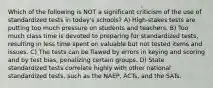 Which of the following is NOT a significant criticism of the use of standardized tests in today's schools? A) High-stakes tests are putting too much pressure on students and teachers. B) Too much class time is devoted to preparing for standardized tests, resulting in less time spent on valuable but not tested items and issues. C) The tests can be flawed by errors in keying and scoring and by test bias, penalizing certain groups. D) State standardized tests correlate highly with other national standardized tests, such as the NAEP, ACTs, and the SATs.