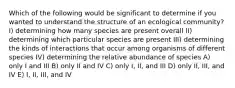 Which of the following would be significant to determine if you wanted to understand the structure of an ecological community? I) determining how many species are present overall II) determining which particular species are present III) determining the kinds of interactions that occur among organisms of different species IV) determining the relative abundance of species A) only I and III B) only II and IV C) only I, II, and III D) only II, III, and IV E) I, II, III, and IV