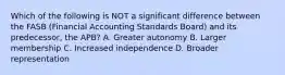 Which of the following is NOT a significant difference between the FASB (Financial Accounting Standards Board) and its predecessor, the APB? A. Greater autonomy B. Larger membership C. Increased independence D. Broader representation