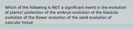 Which of the following is NOT a significant event in the evolution of plants? protection of the embryo evolution of the blastula evolution of the flower evolution of the seed evolution of vascular tissue