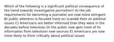 Which of the following is a significant political consequence of the trend towards investigative journalism? A) the job requirements for becoming a journalist are now more stringent B) public attention is focused more on scandal then on political issues C) Americans are better informed than they were in the decades before television D) the public now gets most of its information from television new sources E) Americans are now more likely to think critically about political issues