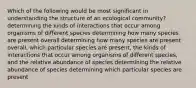 Which of the following would be most significant in understanding the structure of an ecological community? determining the kinds of interactions that occur among organisms of different species determining how many species are present overall determining how many species are present overall, which particular species are present, the kinds of interactions that occur among organisms of different species, and the relative abundance of species determining the relative abundance of species determining which particular species are present