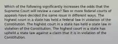 Which of the following significantly increases the odds that the Supreme Court will review a case? Two or more federal courts of appeals have decided the same issue in different ways. The highest court in a state has held a federal law in violation of the Constitution. The highest court in a state has held a state law in violation of the Constitution. The highest court in a state has upheld a state law against a claim that it is in violation of the Constitution.