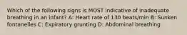 Which of the following signs is MOST indicative of inadequate breathing in an infant? A: Heart rate of 130 beats/min B: Sunken fontanelles C: Expiratory grunting D: Abdominal breathing