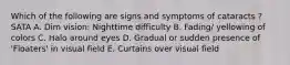 Which of the following are signs and symptoms of cataracts ? SATA A. Dim vision: Nighttime difficulty B. Fading/ yellowing of colors C. Halo around eyes D. Gradual or sudden presence of 'Floaters' in visual field E. Curtains over visual field