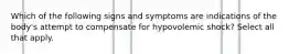 Which of the following signs and symptoms are indications of the body's attempt to compensate for hypovolemic shock? Select all that apply.