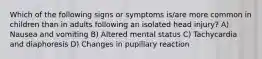 Which of the following signs or symptoms is/are more common in children than in adults following an isolated head injury? A) Nausea and vomiting B) Altered mental status C) Tachycardia and diaphoresis D) Changes in pupillary reaction