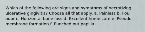 Which of the following are signs and symptoms of necrotizing ulcerative gingivitis? Choose all that apply. a. Painless b. Foul odor c. Horizontal bone loss d. Excellent home care e. Pseudo membrane formation f. Punched out papilla.