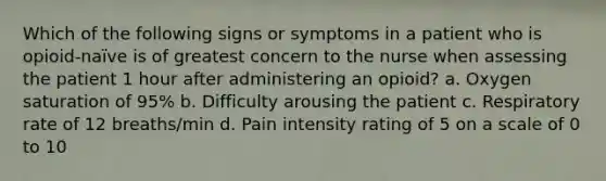 Which of the following signs or symptoms in a patient who is opioid-naïve is of greatest concern to the nurse when assessing the patient 1 hour after administering an opioid? a. Oxygen saturation of 95% b. Difficulty arousing the patient c. Respiratory rate of 12 breaths/min d. Pain intensity rating of 5 on a scale of 0 to 10