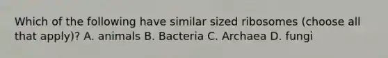 Which of the following have similar sized ribosomes (choose all that apply)? A. animals B. Bacteria C. Archaea D. fungi