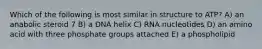 Which of the following is most similar in structure to ATP? A) an anabolic steroid 7 B) a DNA helix C) RNA nucleotides D) an amino acid with three phosphate groups attached E) a phospholipid