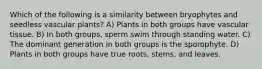 Which of the following is a similarity between bryophytes and seedless vascular plants? A) Plants in both groups have vascular tissue. B) In both groups, sperm swim through standing water. C) The dominant generation in both groups is the sporophyte. D) Plants in both groups have true roots, stems, and leaves.