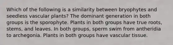 Which of the following is a similarity between bryophytes and seedless <a href='https://www.questionai.com/knowledge/kbaUXKuBoK-vascular-plants' class='anchor-knowledge'>vascular plants</a>? The dominant generation in both groups is the sporophyte. Plants in both groups have true roots, stems, and leaves. In both groups, sperm swim from antheridia to archegonia. Plants in both groups have <a href='https://www.questionai.com/knowledge/k1HVFq17mo-vascular-tissue' class='anchor-knowledge'>vascular tissue</a>.