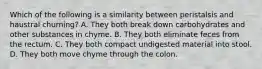 Which of the following is a similarity between peristalsis and haustral churning? A. They both break down carbohydrates and other substances in chyme. B. They both eliminate feces from the rectum. C. They both compact undigested material into stool. D. They both move chyme through the colon.