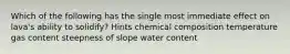 Which of the following has the single most immediate effect on lava's ability to solidify? Hints chemical composition temperature gas content steepness of slope water content