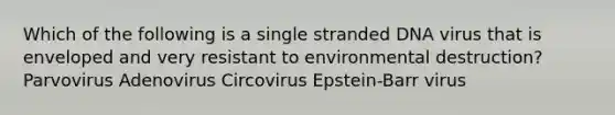 Which of the following is a single stranded DNA virus that is enveloped and very resistant to environmental destruction? Parvovirus Adenovirus Circovirus Epstein-Barr virus