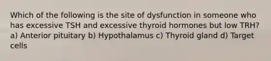 Which of the following is the site of dysfunction in someone who has excessive TSH and excessive thyroid hormones but low TRH? a) Anterior pituitary b) Hypothalamus c) Thyroid gland d) Target cells