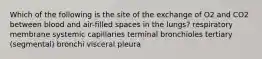 Which of the following is the site of the exchange of O2 and CO2 between blood and air-filled spaces in the lungs? respiratory membrane systemic capillaries terminal bronchioles tertiary (segmental) bronchi visceral pleura