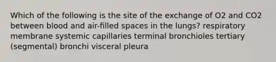 Which of the following is the site of the exchange of O2 and CO2 between blood and air-filled spaces in the lungs? respiratory membrane systemic capillaries terminal bronchioles tertiary (segmental) bronchi visceral pleura