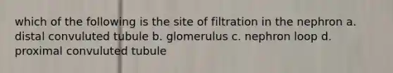 which of the following is the site of filtration in the nephron a. distal convuluted tubule b. glomerulus c. nephron loop d. proximal convuluted tubule