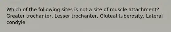 Which of the following sites is not a site of muscle attachment? Greater trochanter, Lesser trochanter, Gluteal tuberosity, Lateral condyle