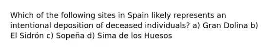 Which of the following sites in Spain likely represents an intentional deposition of deceased individuals? a) Gran Dolina b) El Sidrón c) Sopeña d) Sima de los Huesos