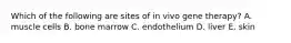 Which of the following are sites of in vivo gene therapy? A. muscle cells B. bone marrow C. endothelium D. liver E. skin