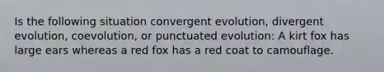 Is the following situation convergent evolution, divergent evolution, coevolution, or punctuated evolution: A kirt fox has large ears whereas a red fox has a red coat to camouflage.