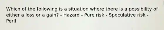 Which of the following is a situation where there is a possibility of either a loss or a gain? - Hazard - Pure risk - Speculative risk - Peril