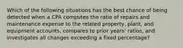 Which of the following situations has the best chance of being detected when a CPA computes the ratio of repairs and maintenance expense to the related property, plant, and equipment accounts, compares to prior years' ratios, and investigates all changes exceeding a fixed percentage?